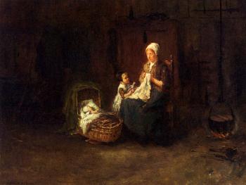 Bernard De Hoog : A Mother And Her Children In An Interior